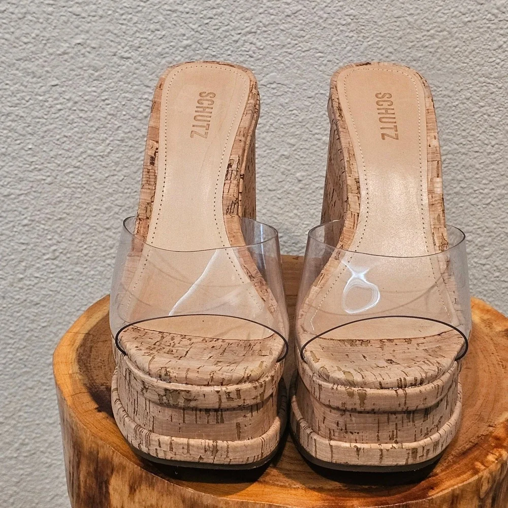 Schutz Cork Platform Wedge Sandals Clear Vinyl Strap Mules Tan Beige Size 10B‎